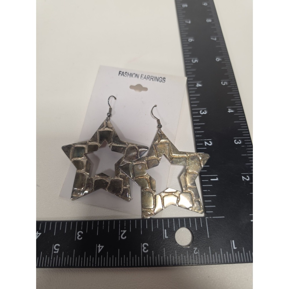 Vintage Style Star Dangle Earrings Hammered Metal Statement Boho Large 2 1/2" - Picture 4 of 4